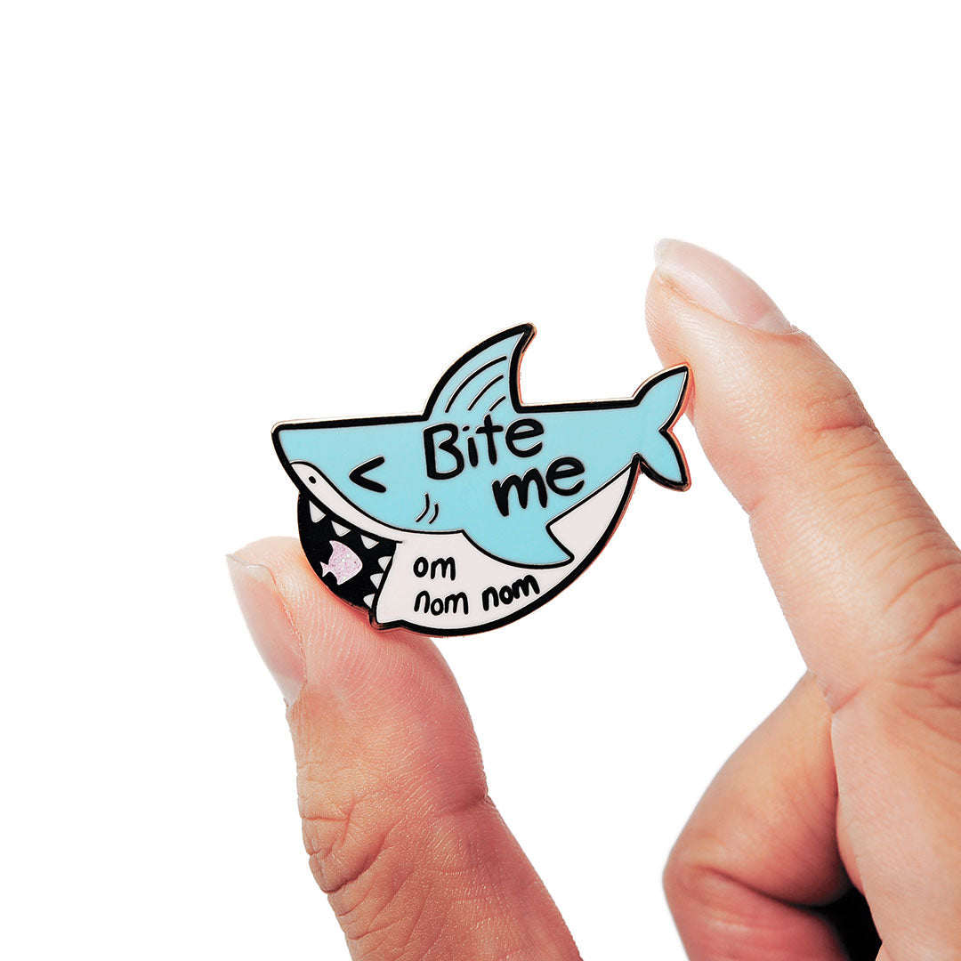 Bite Me "om nom nom" Shark Enamel Pin Brooches & Lapel Pins Flair Fighter   