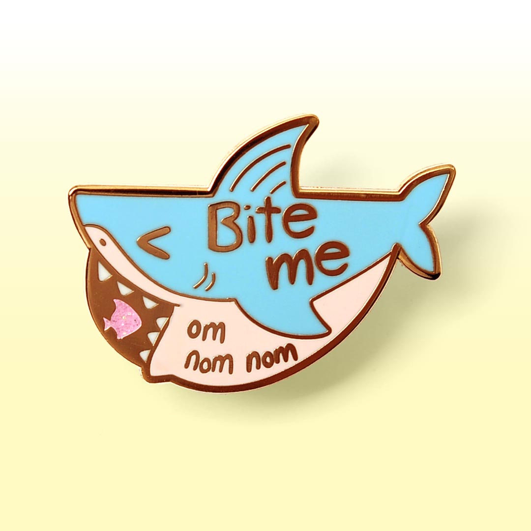 Bite Me "om nom nom" Shark Enamel Pin Brooches & Lapel Pins Flair Fighter   