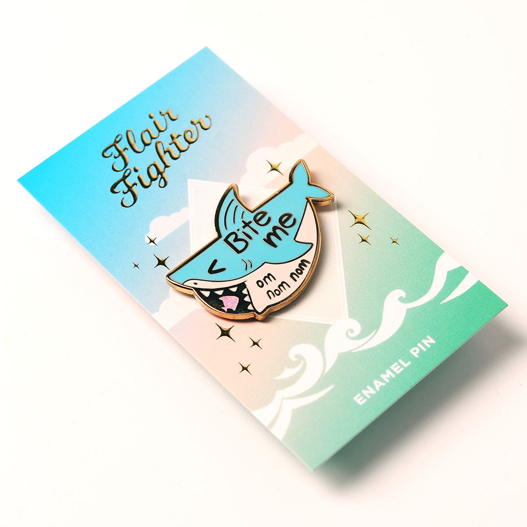 Bite Me "om nom nom" Shark Enamel Pin Brooches & Lapel Pins Flair Fighter   