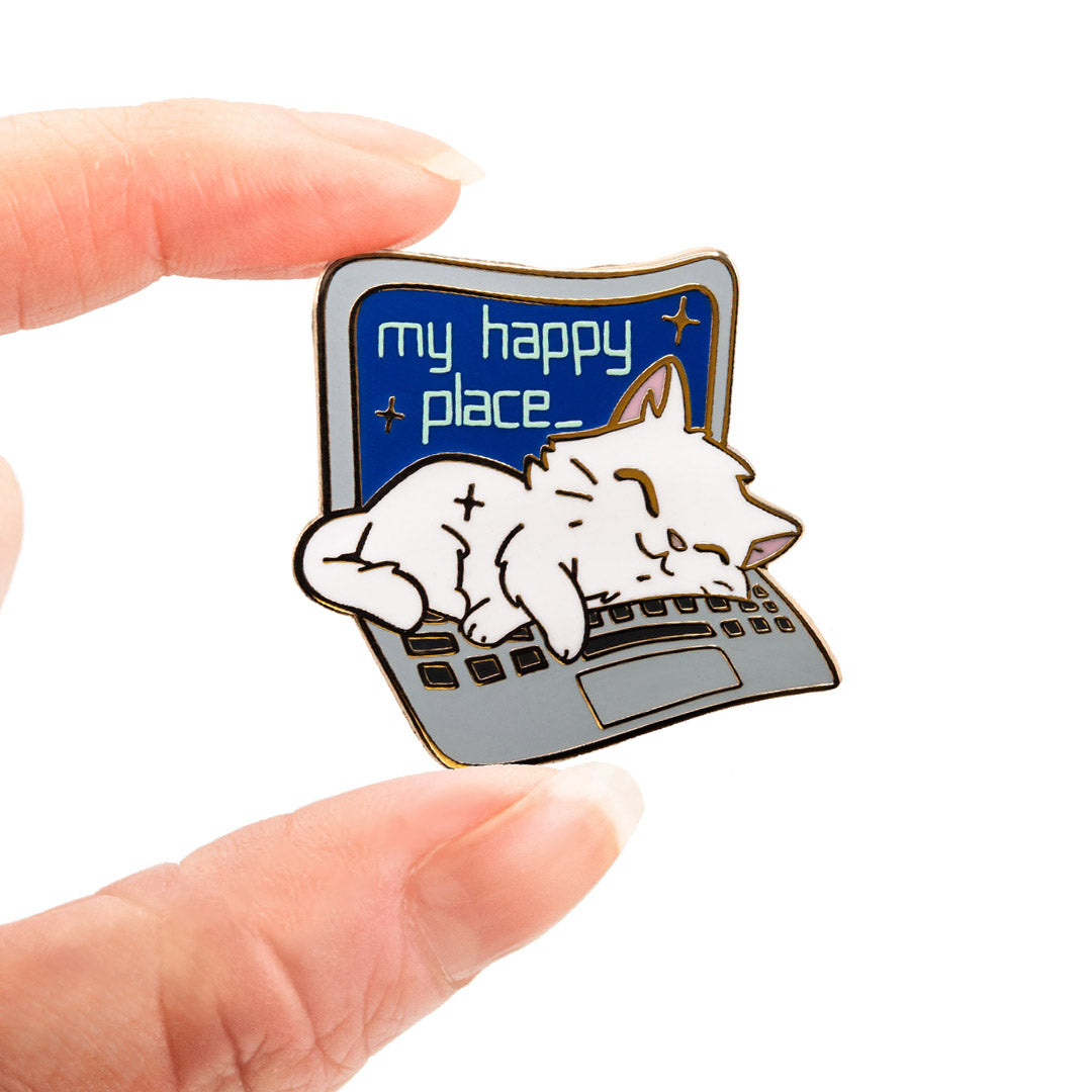 My Happy Place Laptop (Russian White Cat) Enamel Pin Brooches & Lapel Pins Flair Fighter   