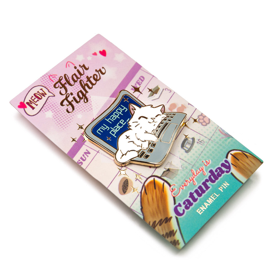 My Happy Place Laptop (Russian White Cat) Enamel Pin Brooches & Lapel Pins Flair Fighter   