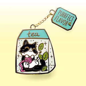 Purrfect Flavor Tea (Tuxedo Cat) Enamel Pin Brooches & Lapel Pins Flair Fighter   