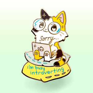 Sorry I'm Busy Introverting (Calico Cat) Enamel Pin + Keychain + Vinyl Sticker BUNDLE [3 PCS]  Flair Fighter   