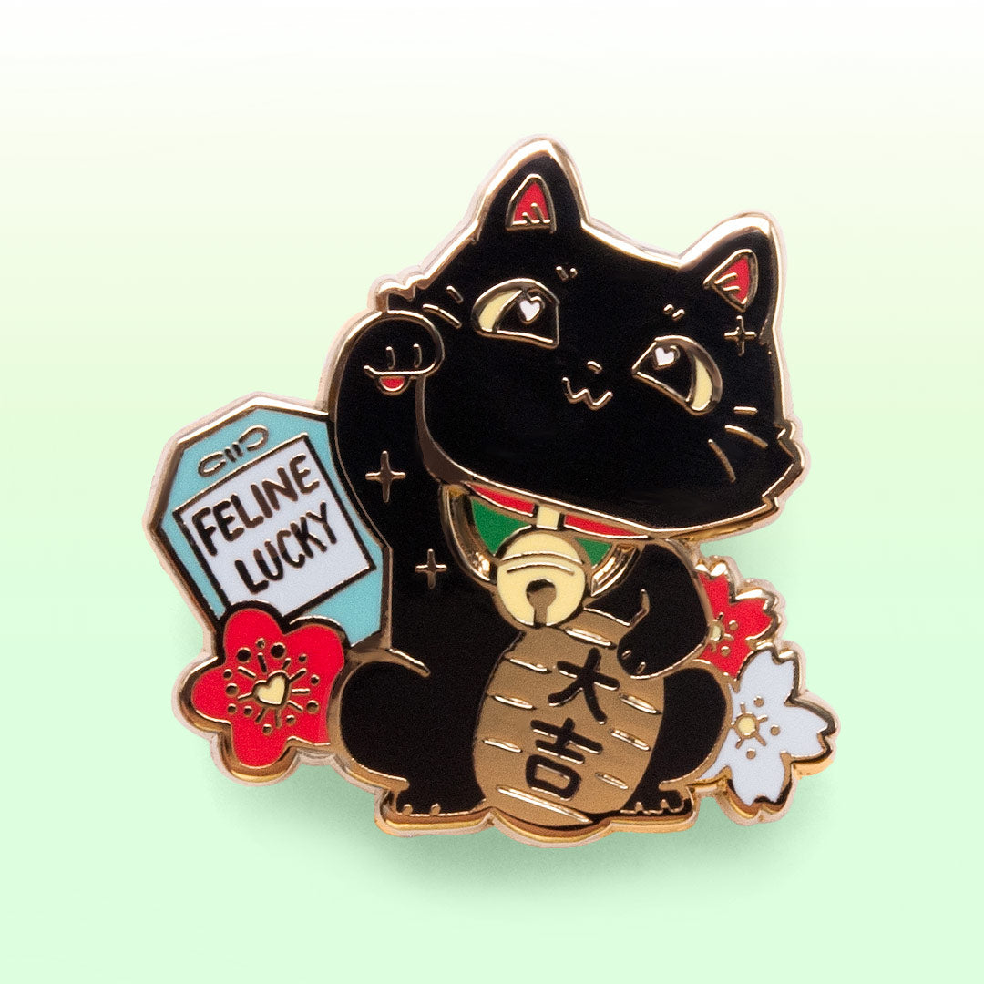 Lucky Cat (Black) Maneki-Neko Enamel Pin Brooches & Lapel Pins Flair Fighter   
