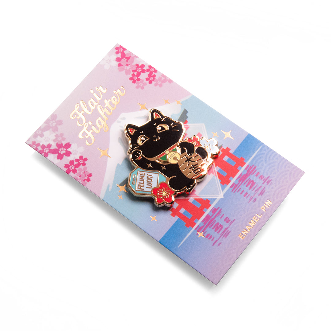 Lucky Cat (Black) Maneki-Neko Enamel Pin Brooches & Lapel Pins Flair Fighter   