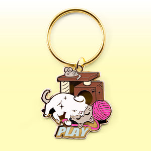 PLAY (Ragdoll Cat) Enamel Pin + Keychain + Vinyl Sticker BUNDLE [3 PCS]  Flair Fighter   