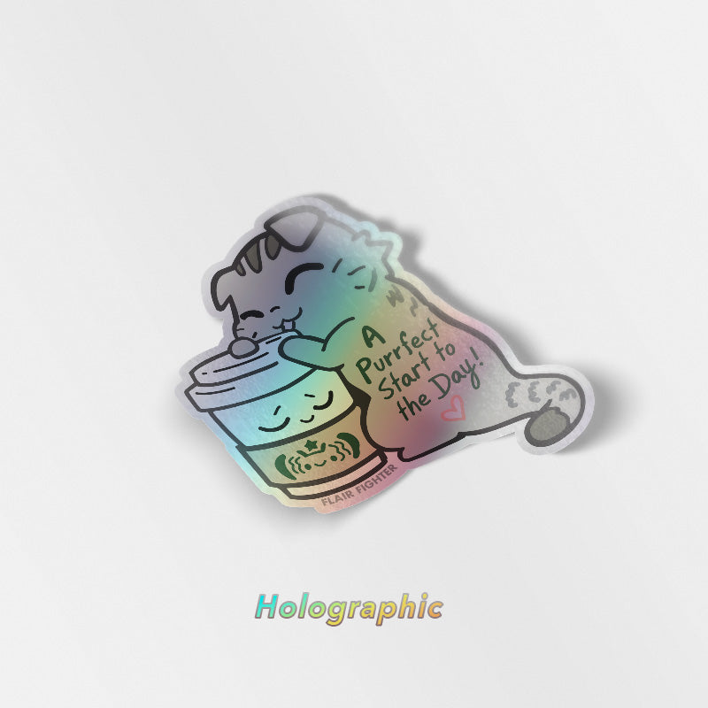 A Purrfect Start To The Day S*Bucks Version (Scottish Fold Cat) Holographic Vinyl Sticker Decorative Stickers Flair Fighter   