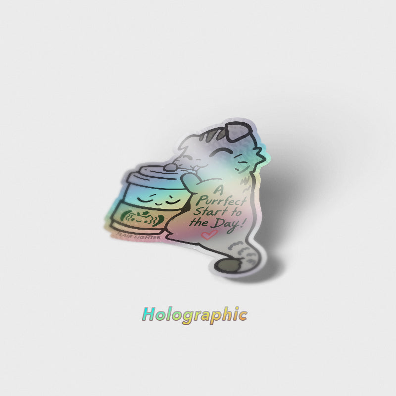 A Purrfect Start To The Day S*Bucks Version (Scottish Fold Cat) Holographic Vinyl Sticker Decorative Stickers Flair Fighter   