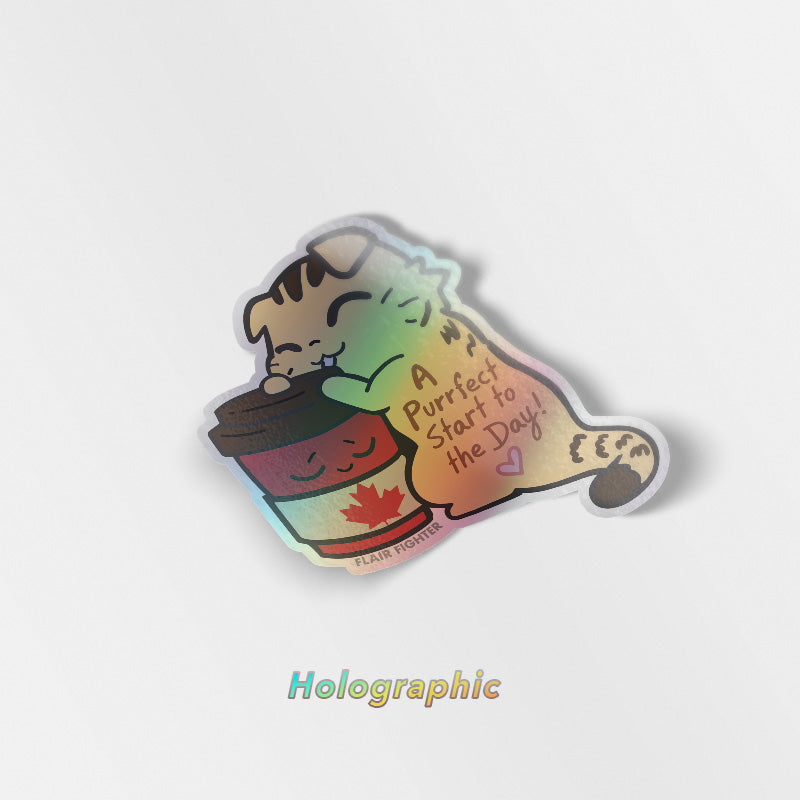 A Purrfect Start To The Day Timmies Version (Scottish Fold Cat) Holographic Vinyl Sticker Decorative Stickers Flair Fighter   