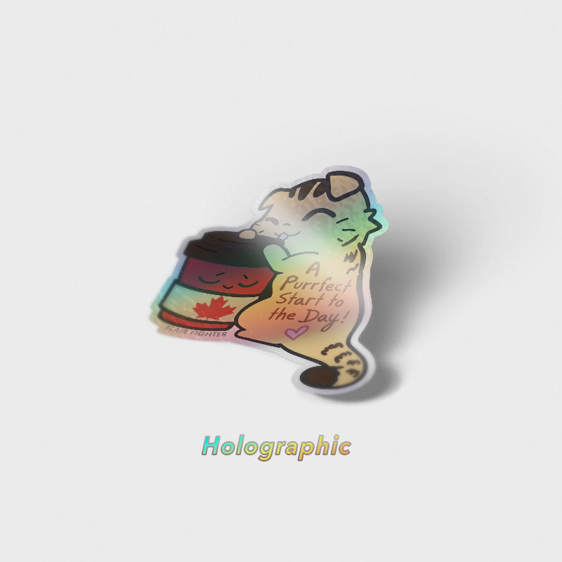 A Purrfect Start To The Day Timmies Version (Scottish Fold Cat) Holographic Vinyl Sticker Decorative Stickers Flair Fighter   