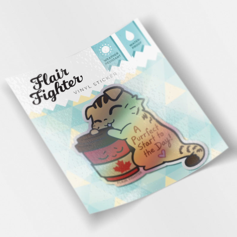 A Purrfect Start To The Day Timmies Version (Scottish Fold Cat) Holographic Vinyl Sticker Decorative Stickers Flair Fighter   