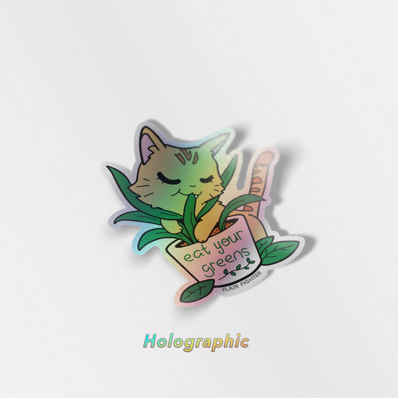 Eat Your Greens (Orange Tabby Cat) Holographic Vinyl Sticker Decorative Stickers Flair Fighter   