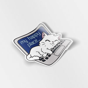 My Happy Place Laptop (Russian White Cat) Enamel Pin + Keychain + Vinyl Sticker BUNDLE [3 PCS]  Flair Fighter   
