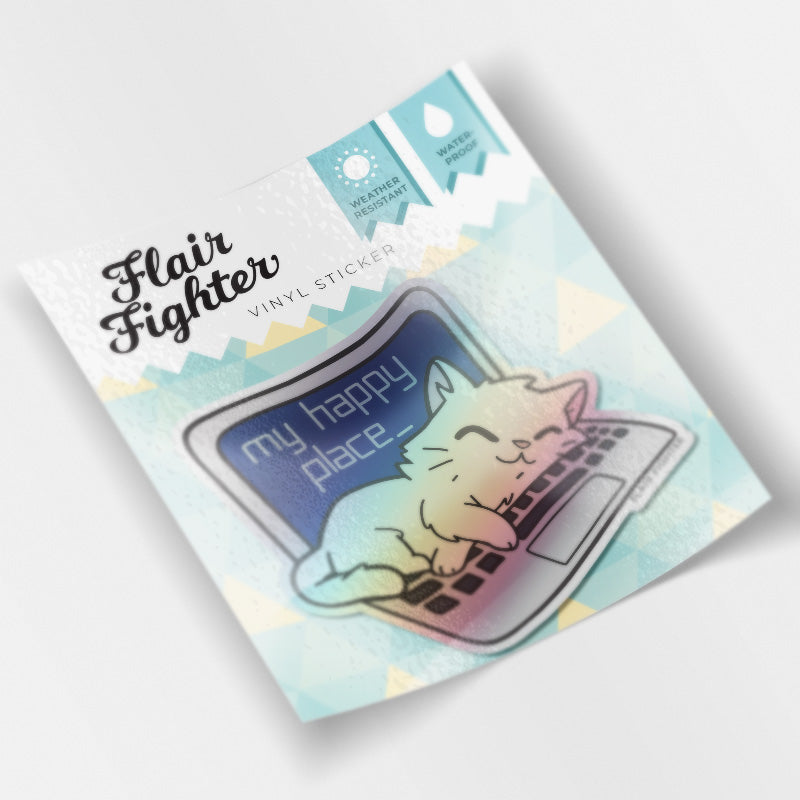 My Happy Place Laptop (Russian White Cat) Holographic Vinyl Sticker Decorative Stickers Flair Fighter   