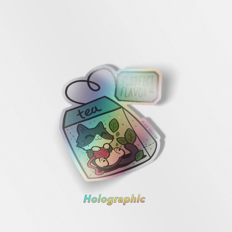 Purrfect Flavor Tea (Tuxedo Cat) Holographic Vinyl Sticker Decorative Stickers Flair Fighter   