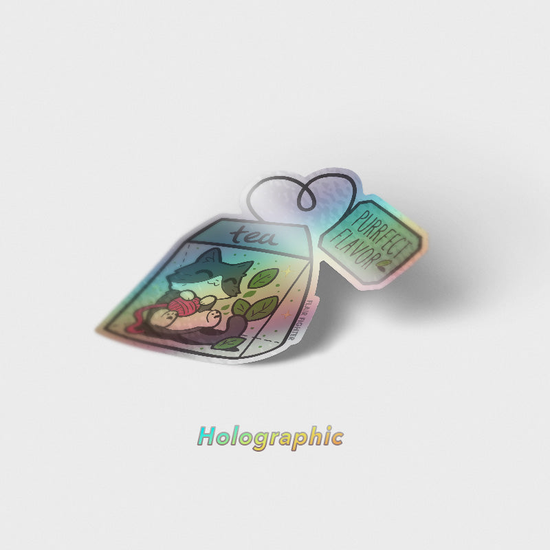 Purrfect Flavor Tea (Tuxedo Cat) Holographic Vinyl Sticker Decorative Stickers Flair Fighter   