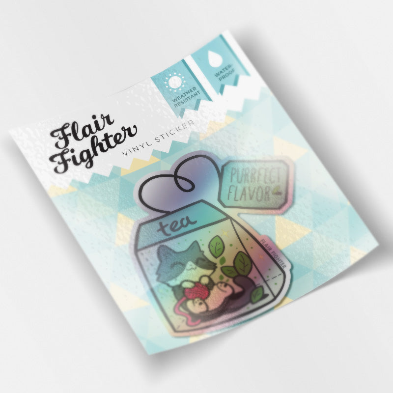 Purrfect Flavor Tea (Tuxedo Cat) Holographic Vinyl Sticker Decorative Stickers Flair Fighter   