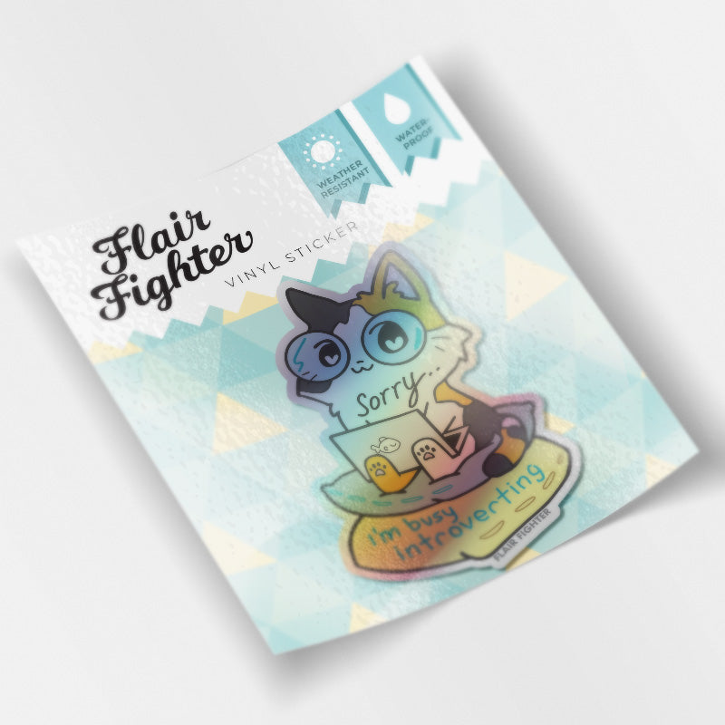 Sorry I'm Busy Introverting (Calico Cat) Holographic Vinyl Sticker Decorative Stickers Flair Fighter   