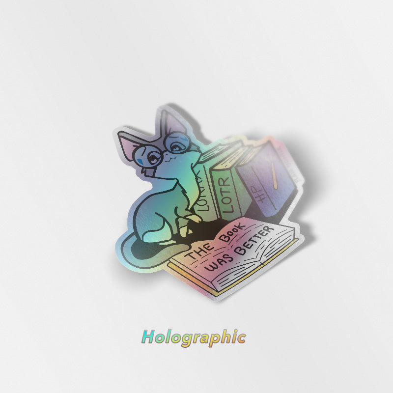 The Book Was Better (Cornish Rex Cat) Holographic Vinyl Sticker Decorative Stickers Flair Fighter   