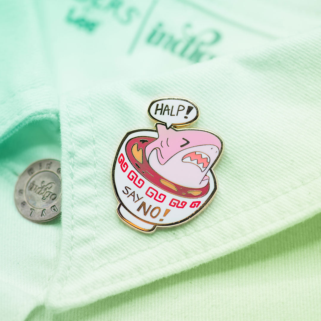 "Say No!" to Shark Fin Soup Enamel Pin Brooches & Lapel Pins Flair Fighter   