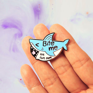 Bite Me "om nom nom" Shark Enamel Pin Brooches & Lapel Pins Flair Fighter   