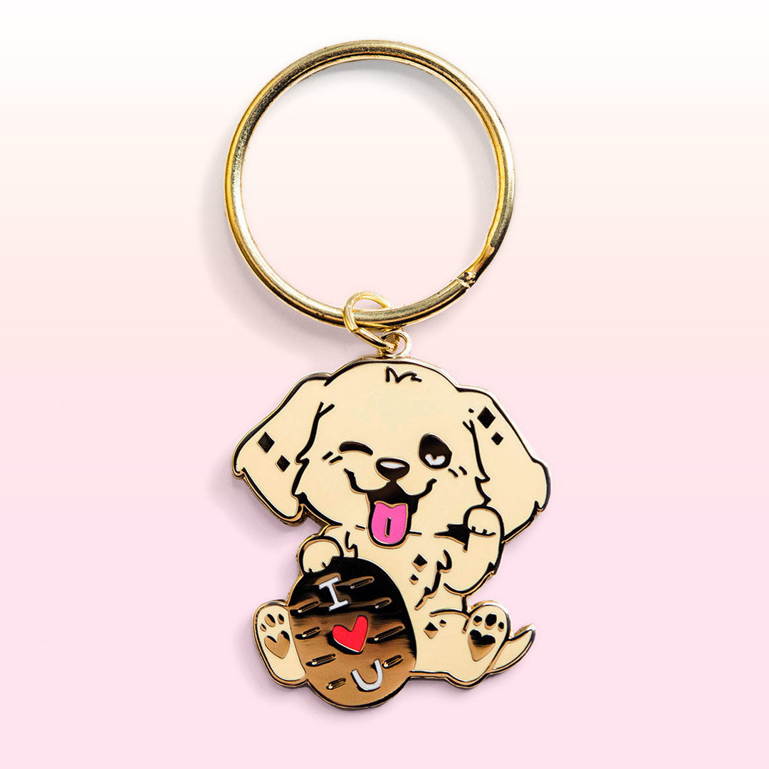 Cute cartoon puppy keychain pendant gold flower French dog leather