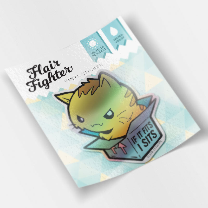 If It Fits I Sits Cat Holographic Vinyl Sticker Decorative Stickers Flair Fighter   