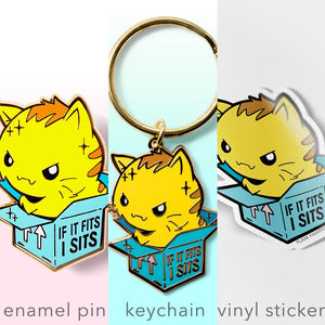 If It Fits I Sits Cat Enamel Pin + Keychain + Vinyl Sticker BUNDLE [3 PCS] Brooches & Lapel Pins Flair Fighter   