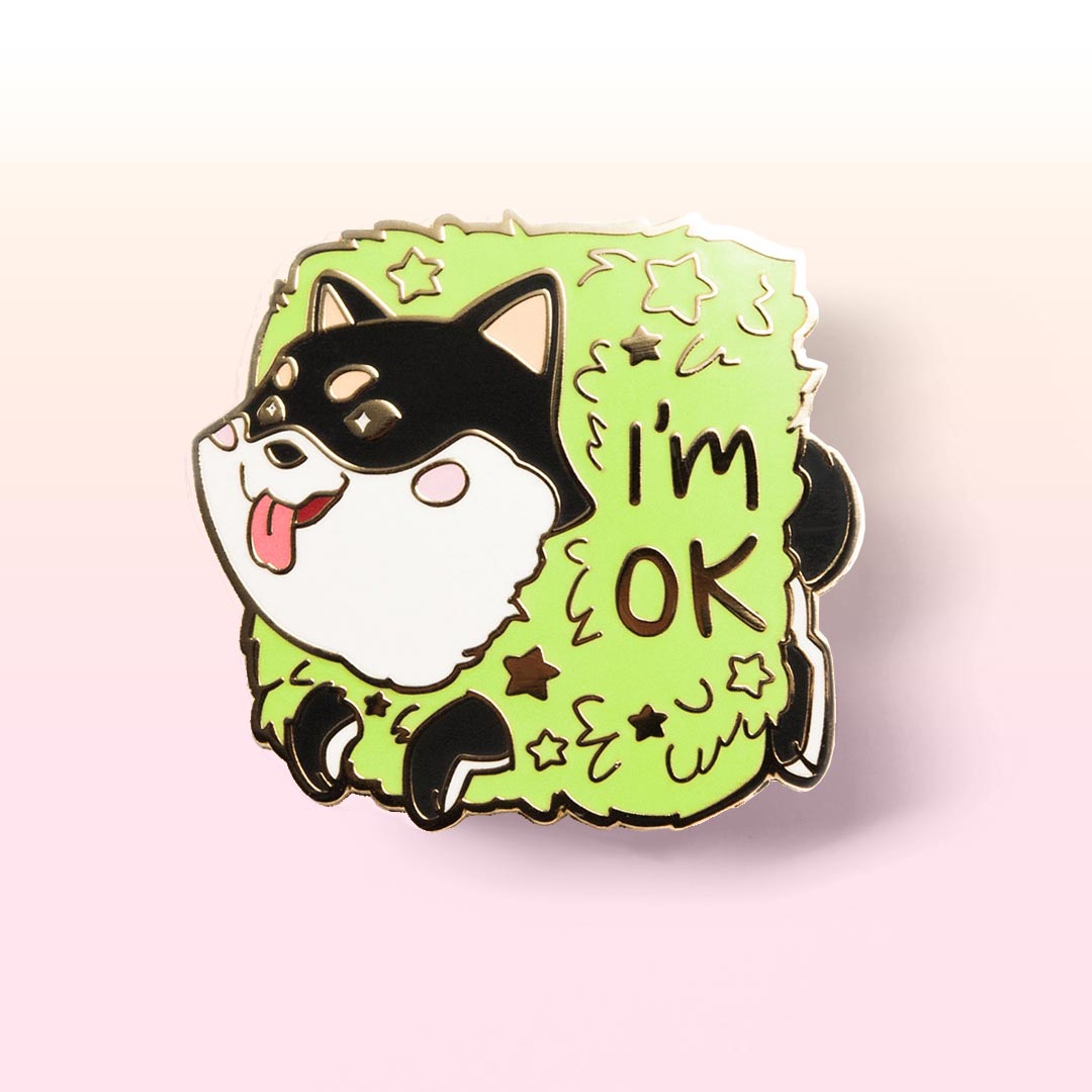 Black & Tan Shiba Inu Stuck in Bush "I'm OK" Enamel Pin Brooches & Lapel Pins Flair Fighter   
