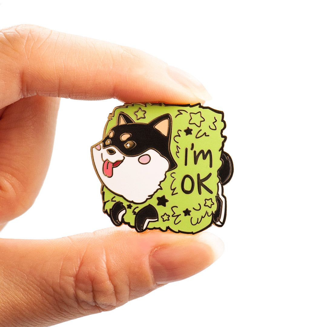 Black & Tan Shiba Inu Stuck in Bush "I'm OK" Enamel Pin Brooches & Lapel Pins Flair Fighter   