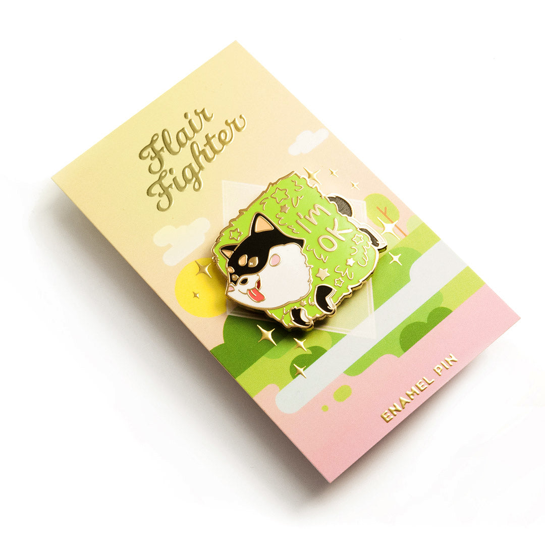 Black & Tan Shiba Inu Stuck in Bush "I'm OK" Enamel Pin Brooches & Lapel Pins Flair Fighter   