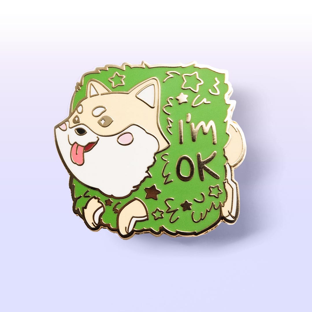 Cream Shiba Inu Stuck in Bush "I'm OK" Enamel Pin Brooches & Lapel Pins Flair Fighter   
