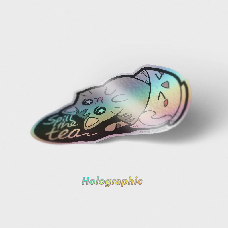 Spill the Tea Cat Holographic Vinyl Sticker Decorative Stickers Flair Fighter   