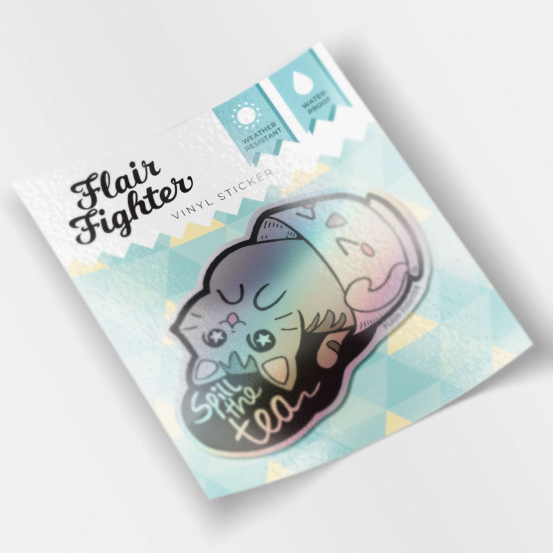 Spill the Tea Cat Holographic Vinyl Sticker Decorative Stickers Flair Fighter   