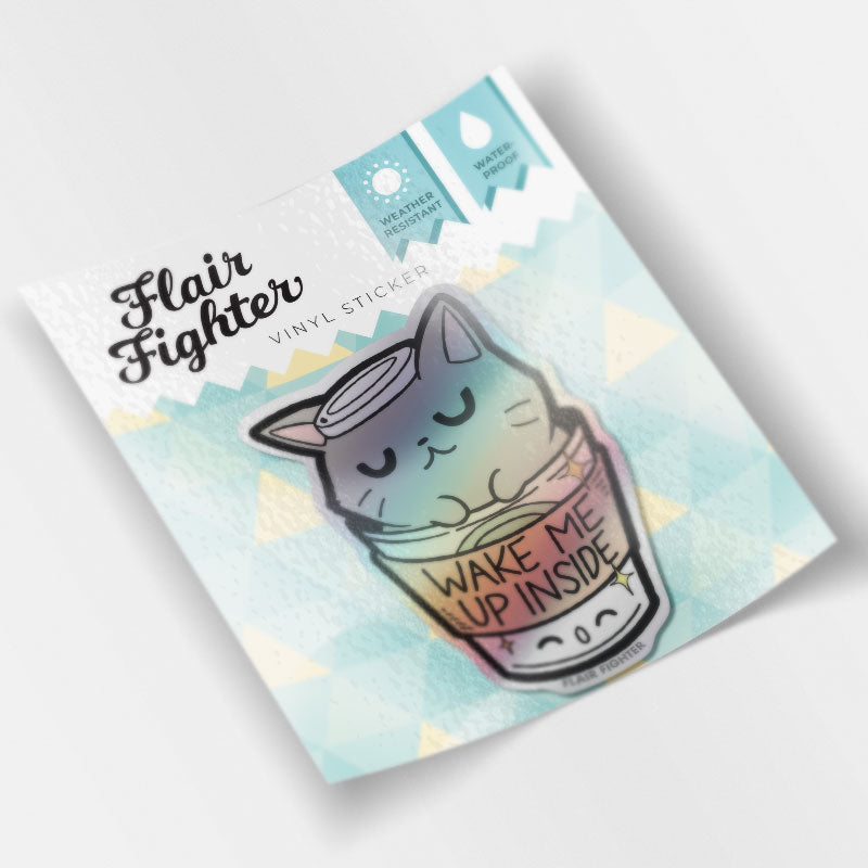 "Wake Me Up Inside" Coffee Cat Holographic Vinyl Sticker Decorative Stickers Flair Fighter   