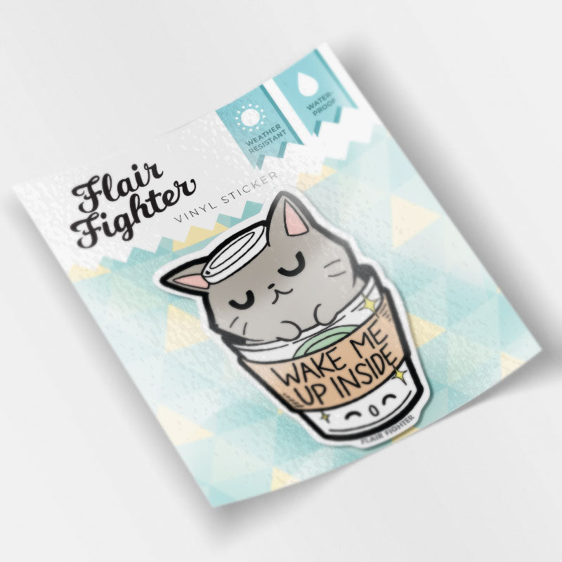 "Wake Me Up Inside" Coffee Cat Vinyl Sticker Decorative Stickers Flair Fighter   